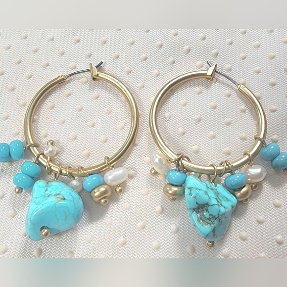 Jewelry - Turquoise and Gold- Tone  Hoop Earrings Bohemian and Trendy